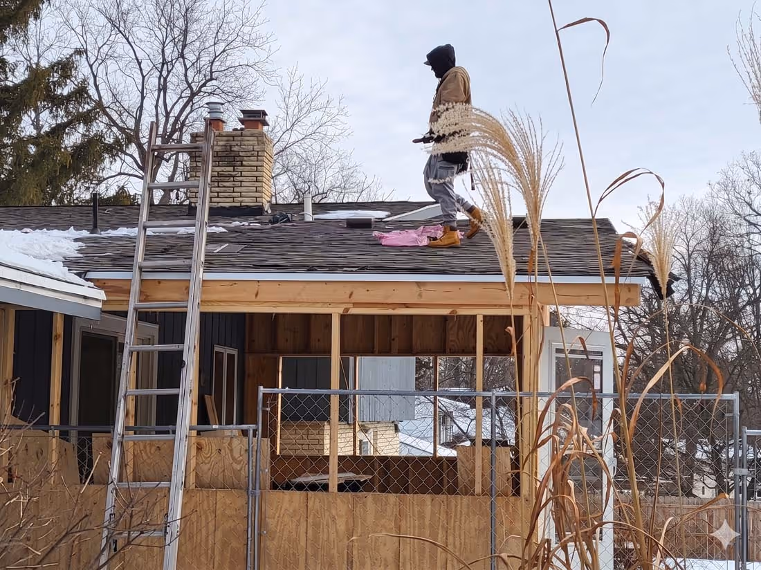 Person wearing a hooded jacket and boots walking on a shingled roof with snow patches, near a metal ladder and wooden fence.